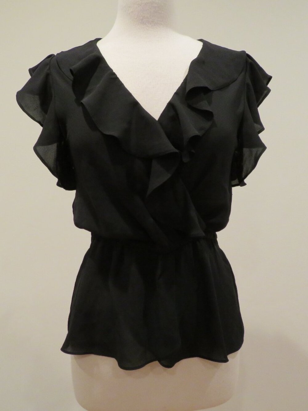 Max Studio Black Ruffle Collar Tie Back Blouse M NWT